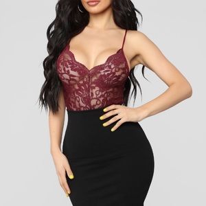 FASHION NOVA Night After Night Burgundy Bodysuit